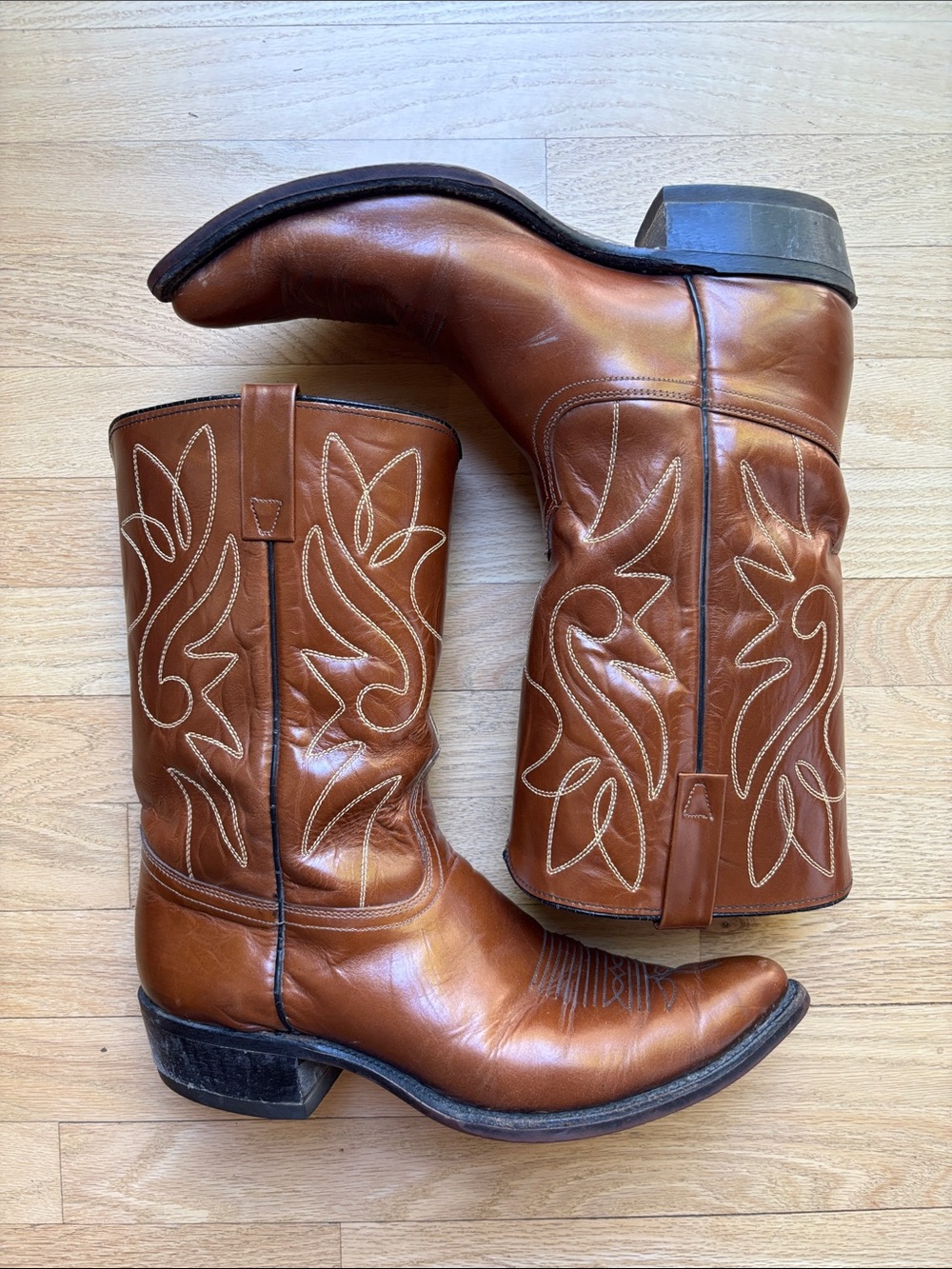 VTG ACME Cowboy Boots Men’s Size 12 D Brown Leather Cream Stitch Western Heel